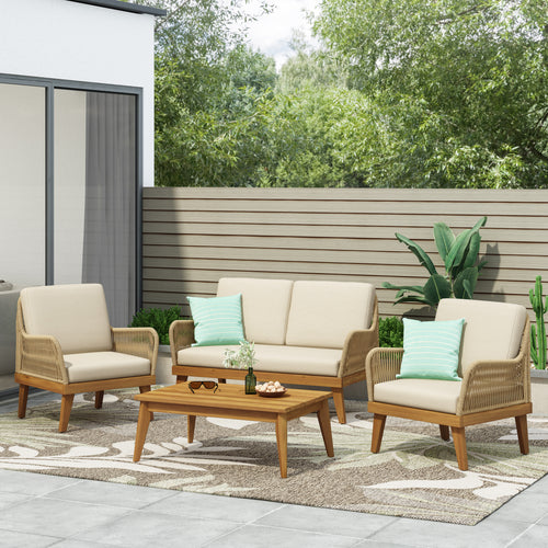 Outdoor Chat Set Acacia Wood Rope Teak Cushions 4 Piece Seats 4
