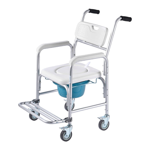 Commode Chair 4-Wheel 4-in-1 Aluminum 350 LB Rolling Lockable Padded Seat