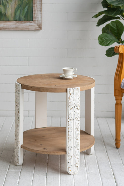 Round Two-Tiered Wooden Side Table 20x20x19.7" Brown White