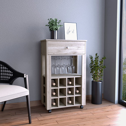 Light Gray Bar Cart with Wine Rack and Open Shelf