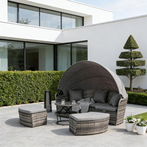 Outdoor Round Daybed Set PE Rattan Gray 4 Piece Canopy 352 lb Capacity