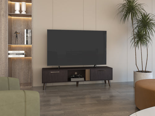 63" TV Stand with Pull Down Cabinets and Shelves Black Wengue