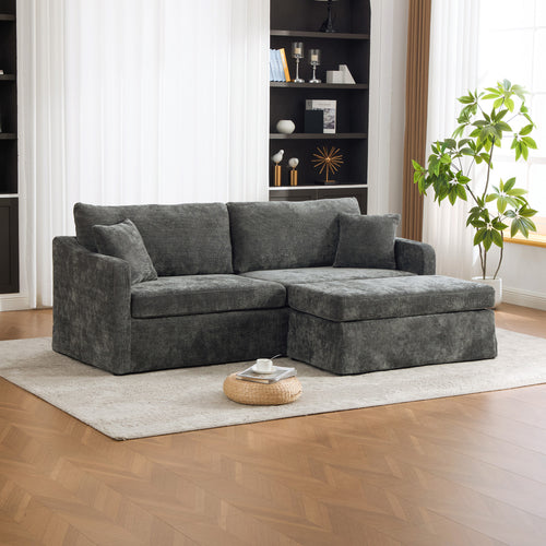 Extra-Large Double-Seater Sofa with Ottoman, Chenille, Charcoal