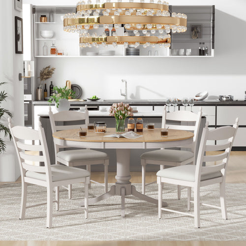 5-Piece Retro Functional Dining Table Set Wood Round Extendable Dining Table