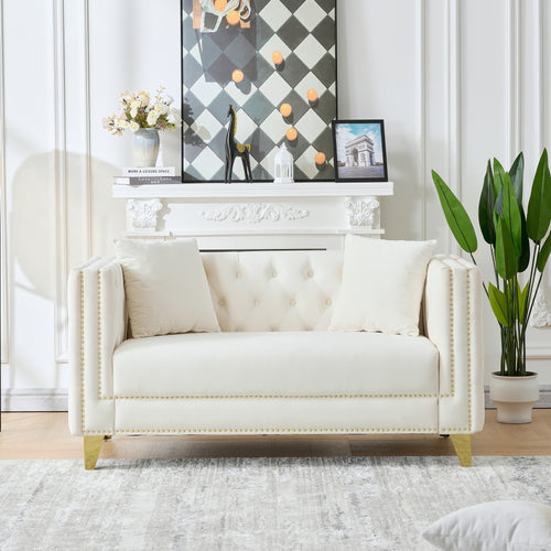 Loveseat Chesterfield Velvet Beige Button Tufted Nailhead Pine Frame 58.6 In