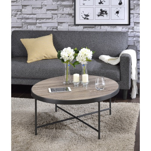 Round Coffee Table - Industrial - Weathered Gray Oak and Metal