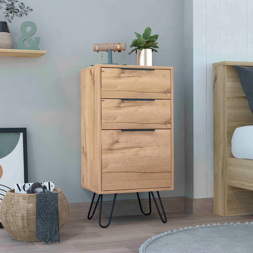 Light Oak Dresser with Hairpin Legs and Three Drawers