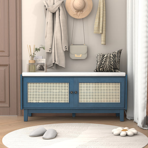 Boho Rattan Entryway Bench with Storage, Cushioned Shoe Bench with Double