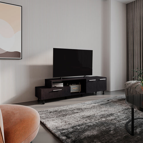 69" Two-Tier TV Stand Black with Cabinet Shelves