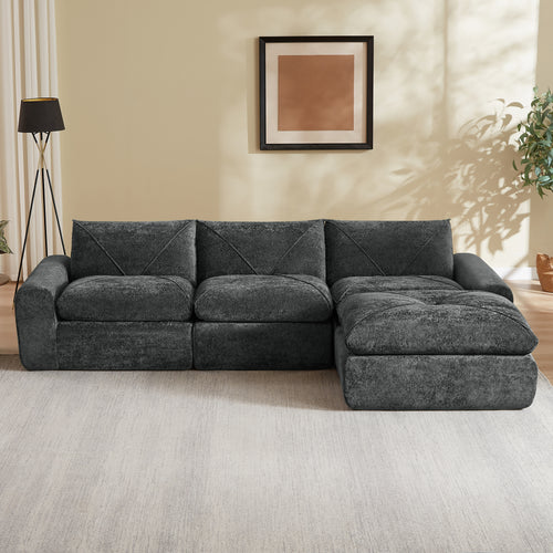 Sofa Modern Chenille Dark Gray 4 Seat Built-In Footrest 119 In