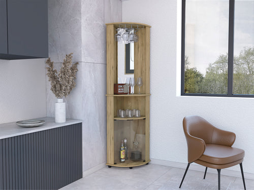 75" Mirrored Corner Bar Cabinet Glass Doors Two Shelves