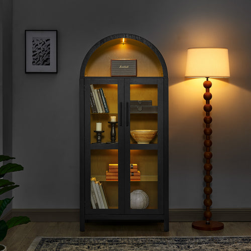 Modern Retro Black Wooden Storage Cabinet with Lamp