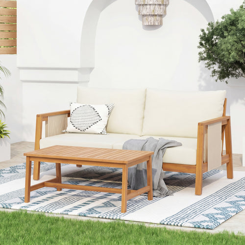 Outdoor Sofa Set Acacia Wood Teak Textilene Beige Cushion 2 Piece