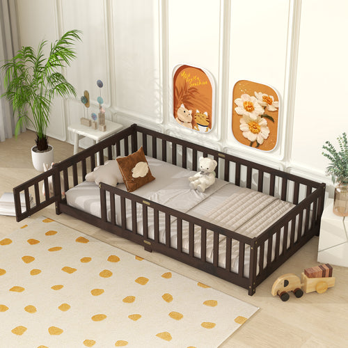 Twin Size Floor Bed with Safety Guardrails, Espresso