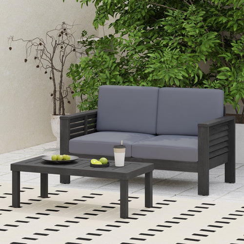 Outdoor Patio Set Acacia Wood Gray 2 Piece Loveseat Coffee Table Cushions