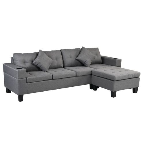 L-Shape Sectional Sofa with Chaise Lounge, Cup Holder, Grey