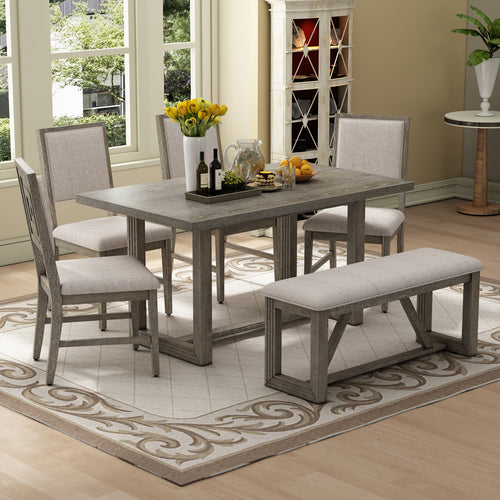6-Piece Dining Table Set with Bench - Gray Wood Kitchen Table