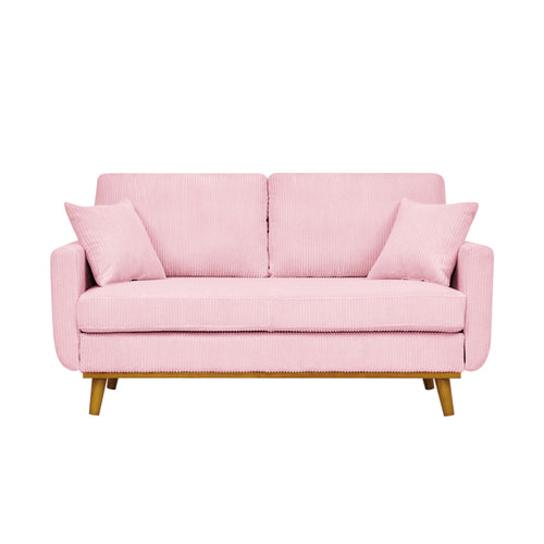 Pink Corduroy Loveseat with Wood Frame and Pillows