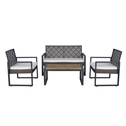 4-Piece Patio Furniture Set Acacia Wood Table Beige Cushions