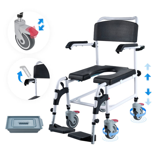 Shower Commode Wheelchair 350 LBS Adjustable Height Removable Bucket