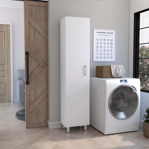 White Metal Storage Cabinet with Broom Hangers and Handle