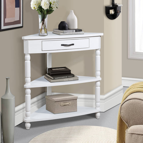 33.8 in Triangle Corner Table, 3-Tier Solid Wood Legs, Small Spaces, Milk White