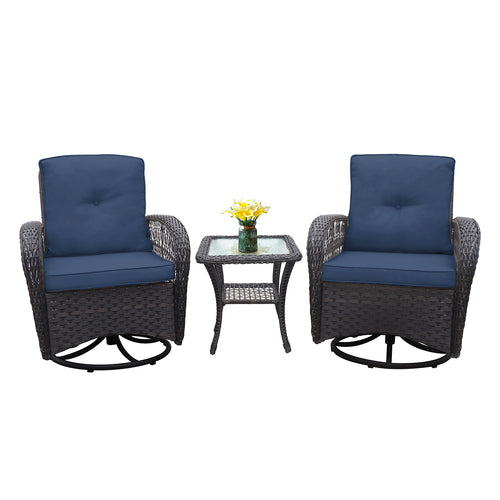 Outdoor Conversation Set Wicker Swivel Rocker Navy Glass Table 3 Piece