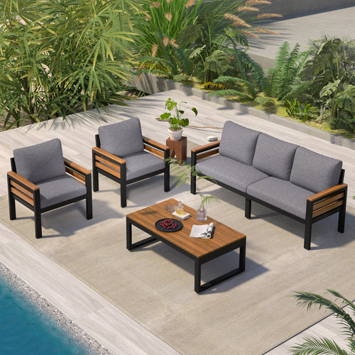 4-Piece Outdoor Patio Sofa Set with Acacia Wood Armrests