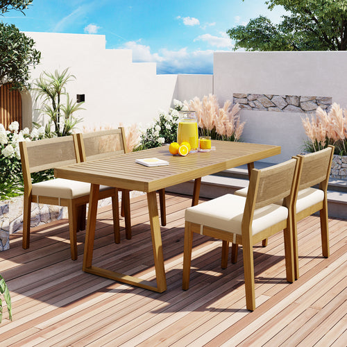 Acacia Wood Outdoor Dining Table and Chair Set with Cushions