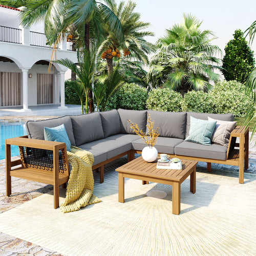 Outdoor Sofa Set Acacia Wood Rope Gray Cushion 4 Piece L-Shape Seats 6