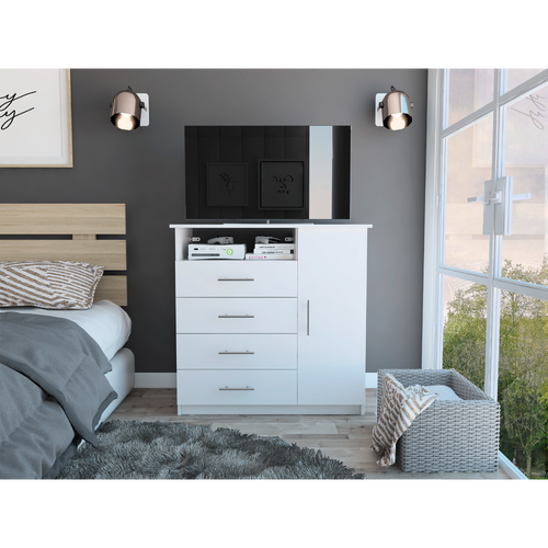 White 4 Drawer Dresser with Cabinet and Shelf