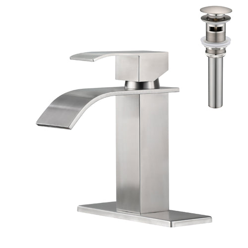 Waterfall Spout Single Handle Bathroom Sink Faucet with Pop-Up Drain