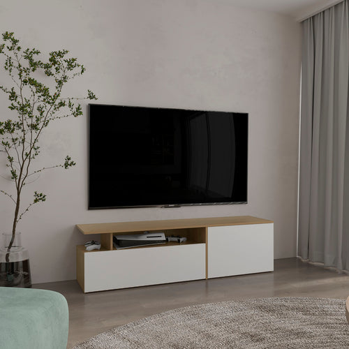 63" Floating TV Stand with Cabinets and Shelves, Natural Oak White