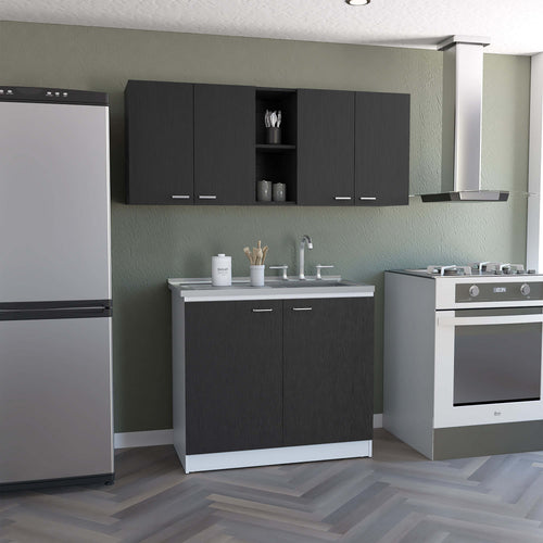 2 Piece Kitchen Cabinet Set 150W Wall Cabinet Utility Sink Black White