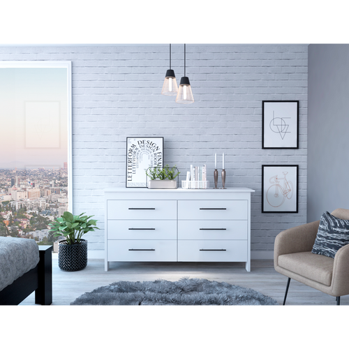 White 6 Drawer Double Dresser with Four Legs
