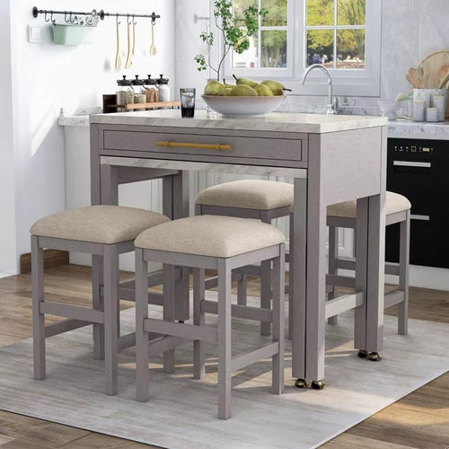 Counter Height Dining Set 5pc Faux Marble Storage Light Gray