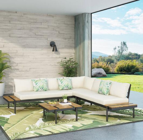 Outdoor Sectional Set Acacia Wood Iron Cream Cushion 4 Piece Seats 5