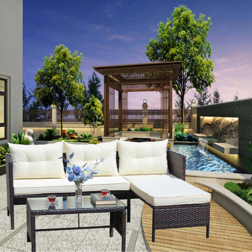 3 Piece Wicker Rattan Conversation Patio Set Beige Cushions