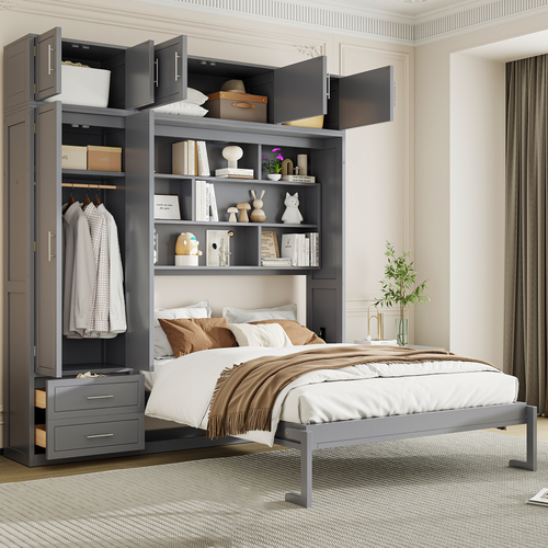 Queen Size Wall Murphy Bed with Top Cabinet,Shelves and Wardrobe, Space Saving Foldable Bed,Gray(old sku:N708S00022E-1)