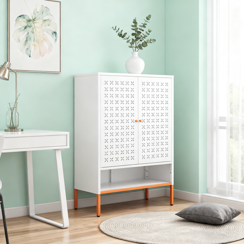 White Metal Double Door Shoe Cabinet Adjustable Compartments