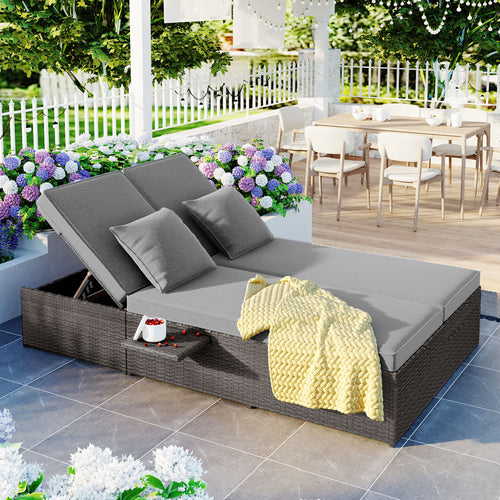 Outdoor Double Sunbed Wicker Rattan Patio Reclining Chairs Gray