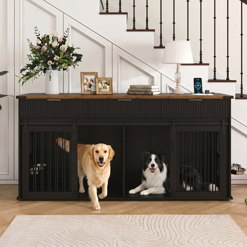 71" Double Dog Crate Furniture with Drawers Walnut