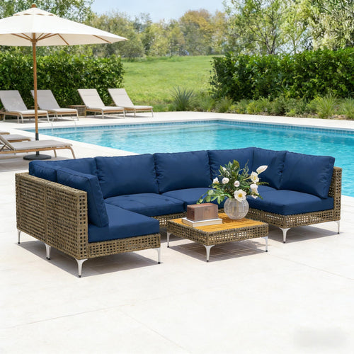 Outdoor Sectional Set Wicker Steel Acacia Wood Brown 7 Piece 352 LB