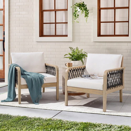 Acacia Wood Club Chair Set of 2, Handwoven Rope, Light Teak