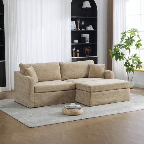 Extra-Large Double-Seater Sofa with Ottoman, Chenille, Wheat