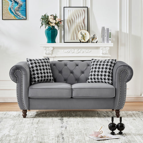 65" Chesterfield Velvet Sofa Gray 2-Seater Nailhead Roll Arm