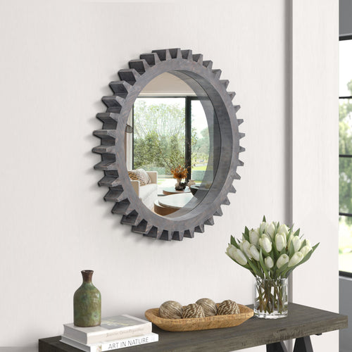 Wall Mirror Round Gear-Shape Wood Frame Dark Brown Vintage 16.5 In