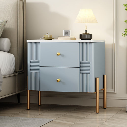 Modern Fluted Nightstand with 2 Drawers, Gold Metal Legs and Handles, Blue