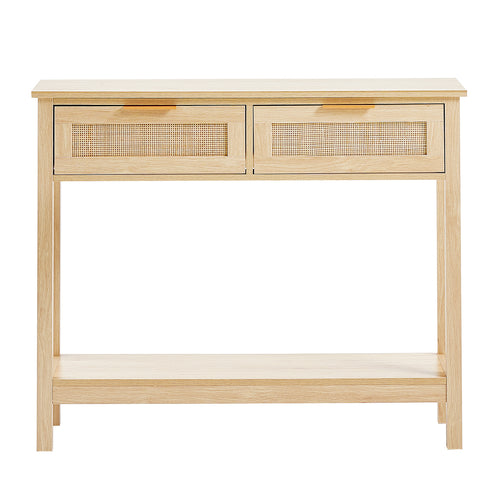 Rattan Console Table with Storage Drawers and Sliding Door