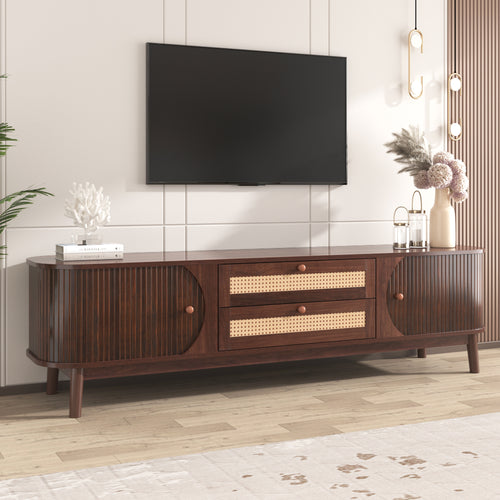Modern Farmhouse Rattan TV Stand up to 75" Natural Wood Legs